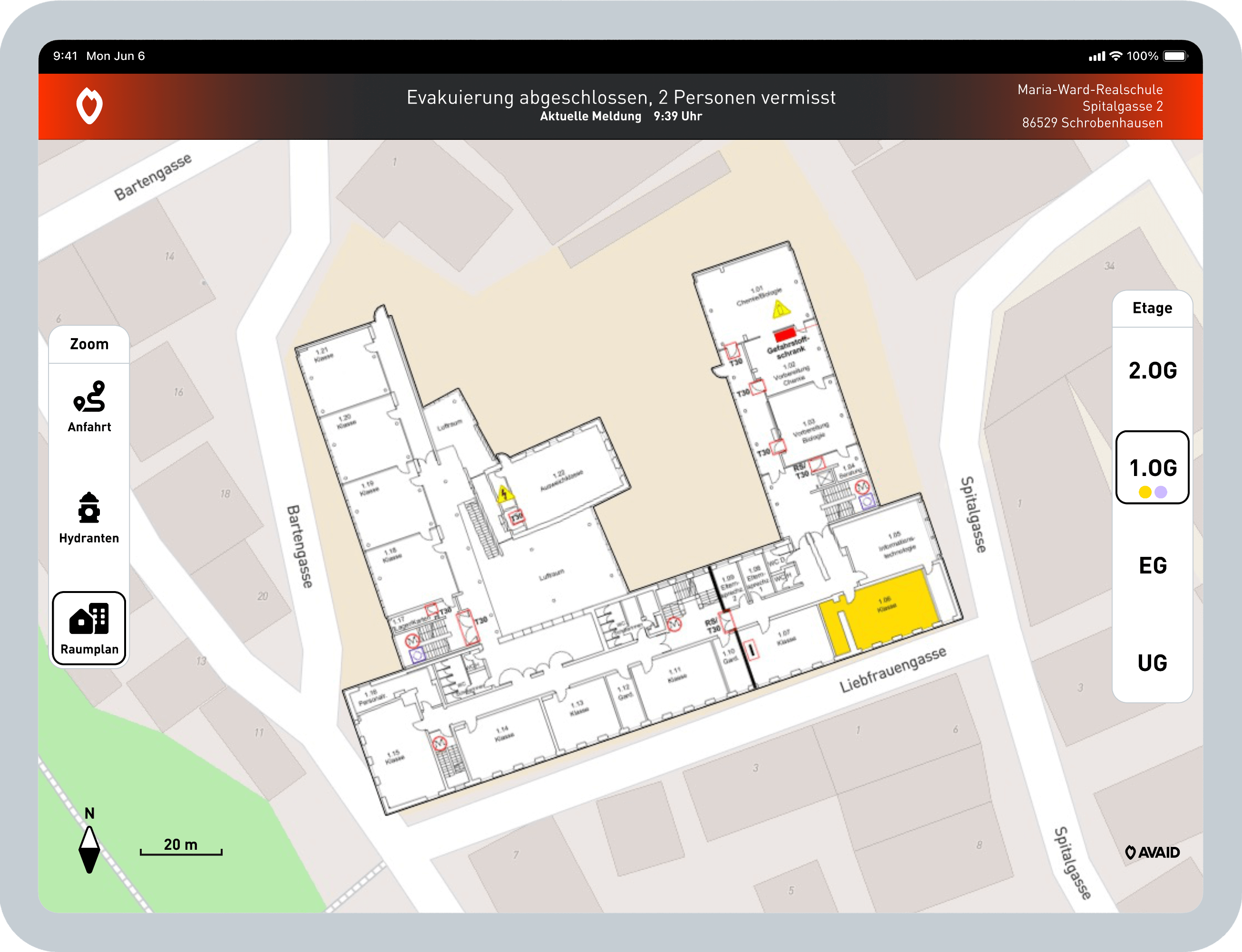 AVAID App die ein Einsatzkarte mit Infos zeigt